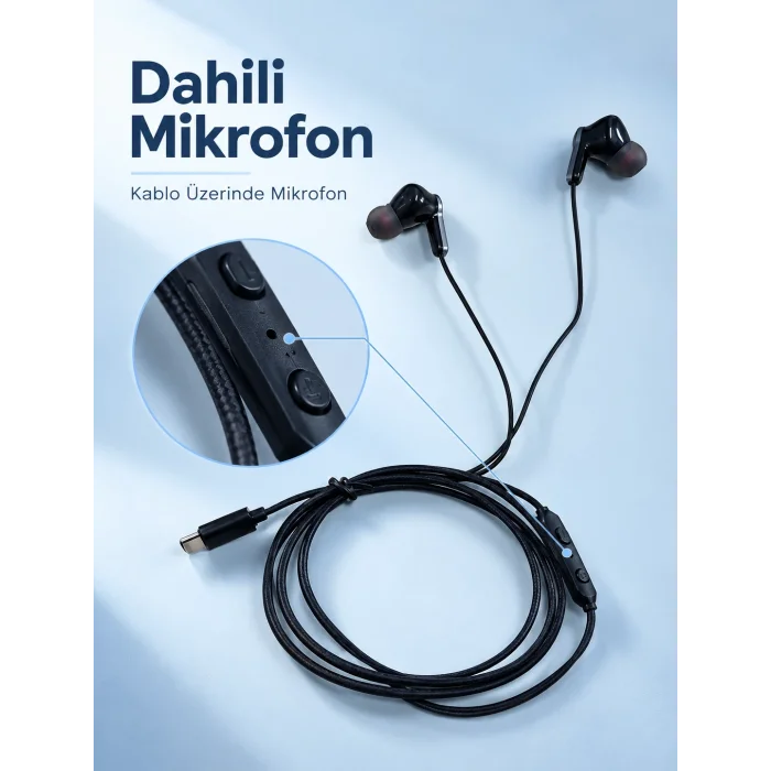 Dahili Mikrofonlu Type C Kablolu Kulaklık Siyah Gövde