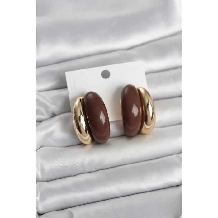 Damla Model Kahverengi Vintage Gold Renk Kadın Küpe