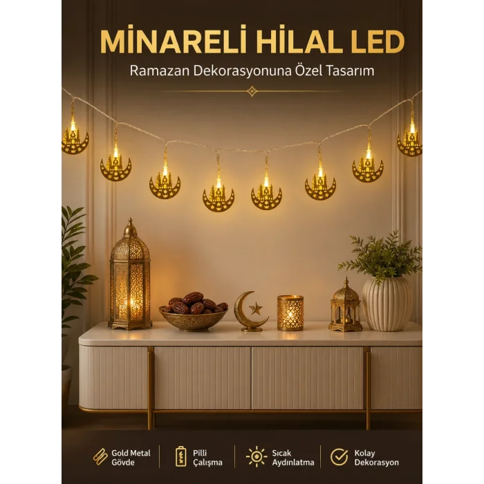 Dekoratif Minareli Hilal LED Işık Metal Gövdeli Ramazan Aydınlatma