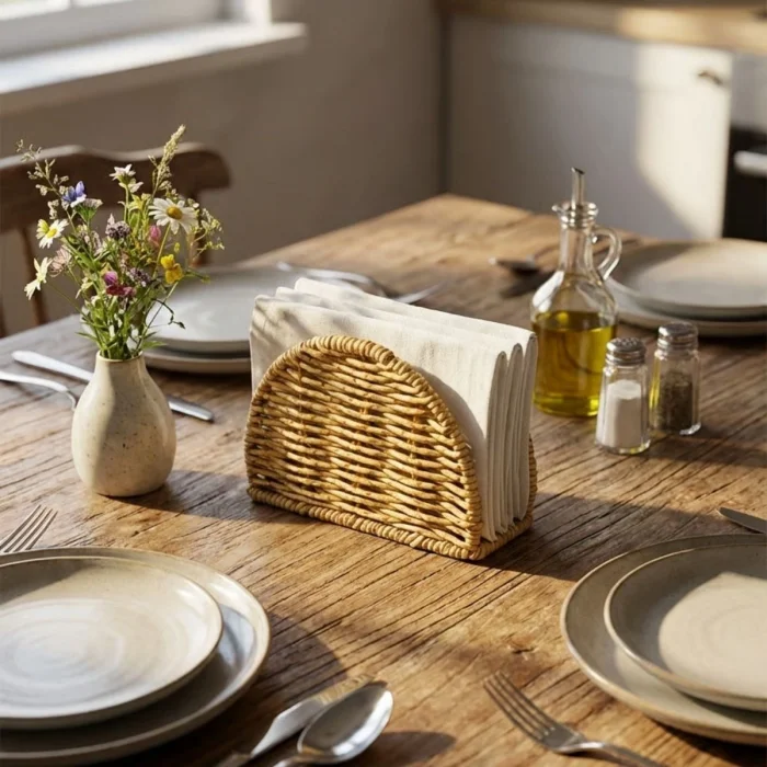 Dekoratif Plastik Rattan Yarım Yuvarlak Peçetelik–Doğal Hasır Dokulu Masaüstü Peçete Standı (5047)