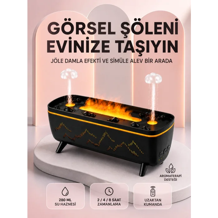 Dekoratif Siyah Hava Nemlendirici Jöle Damla ve Alev Efektli LED Işıklı Aroma Difüzörü