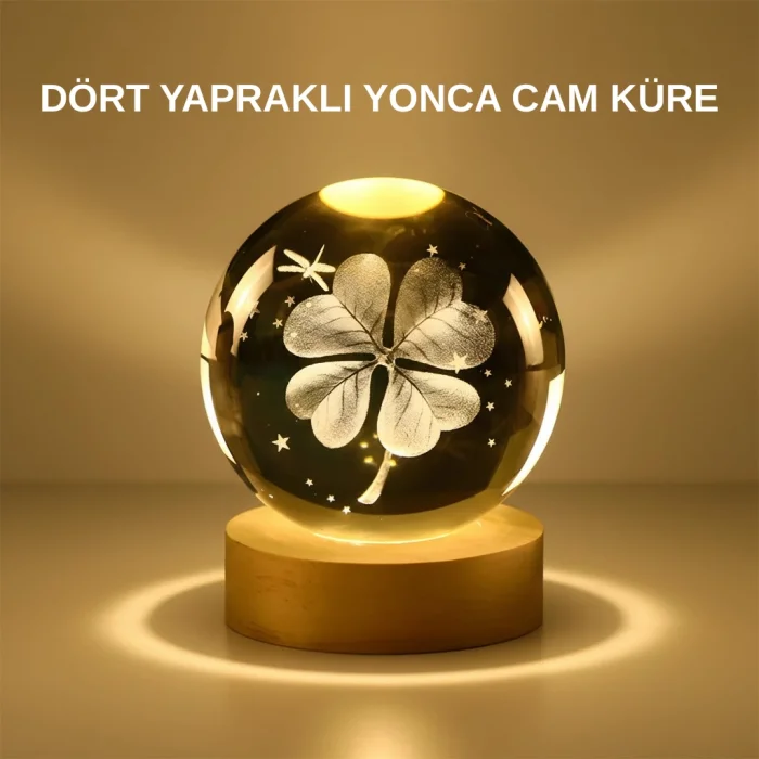 Dekoratif Yonca Görünümlü Işıklı Kristal Cam Küre USB Masa Gece Lambası