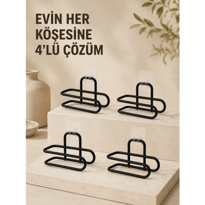 Delmeden Monte Tuvalet Kağıdı Askısı Siyah Metal Yapışkanlı Banyo Kağıtlığı 4’lü Set