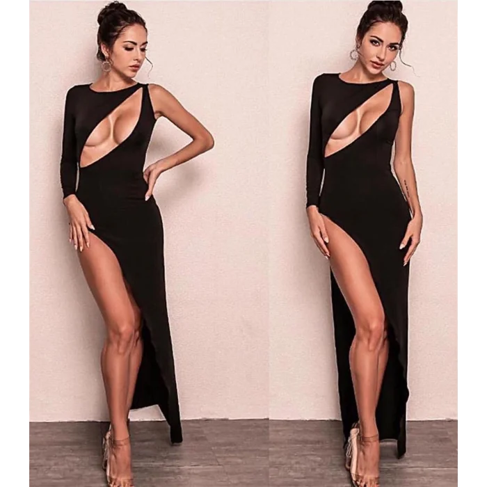 Derin Dekolteli Uzun Yırtmaçlı Elbise