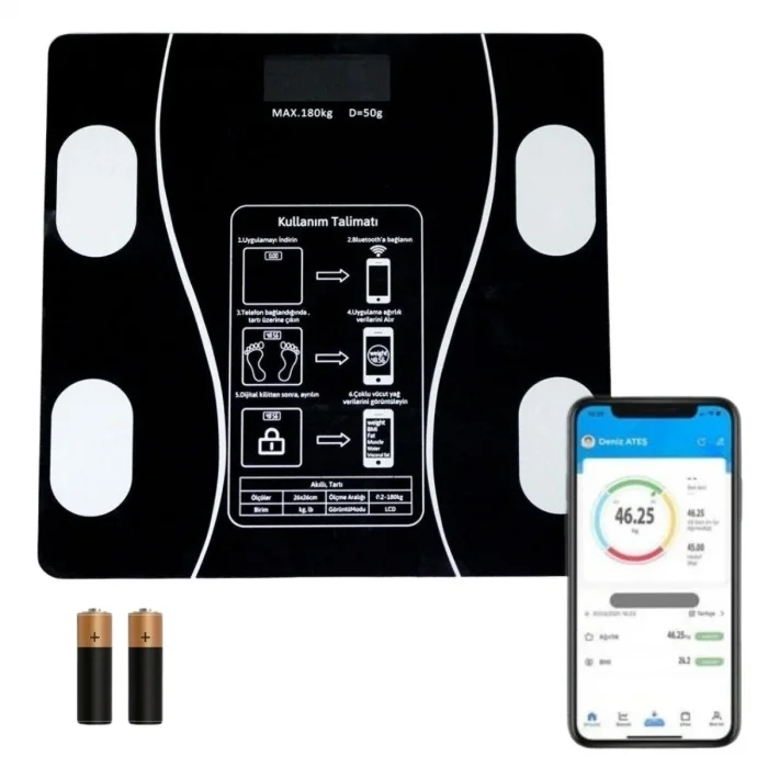 Dijital Baskül Yağ Ölçer Fonksiyonlu Akıllı Baskül Bluetooth Bağlantılı Tartı