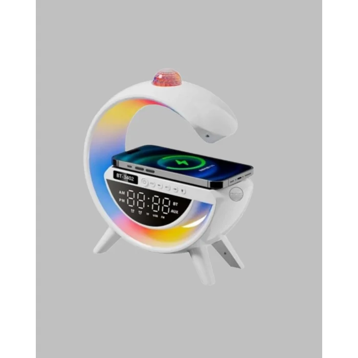 Dijital Saatli Kablosuz Şarj Destekli RGB LED Işıklı Bluetooth Ses Sistemi