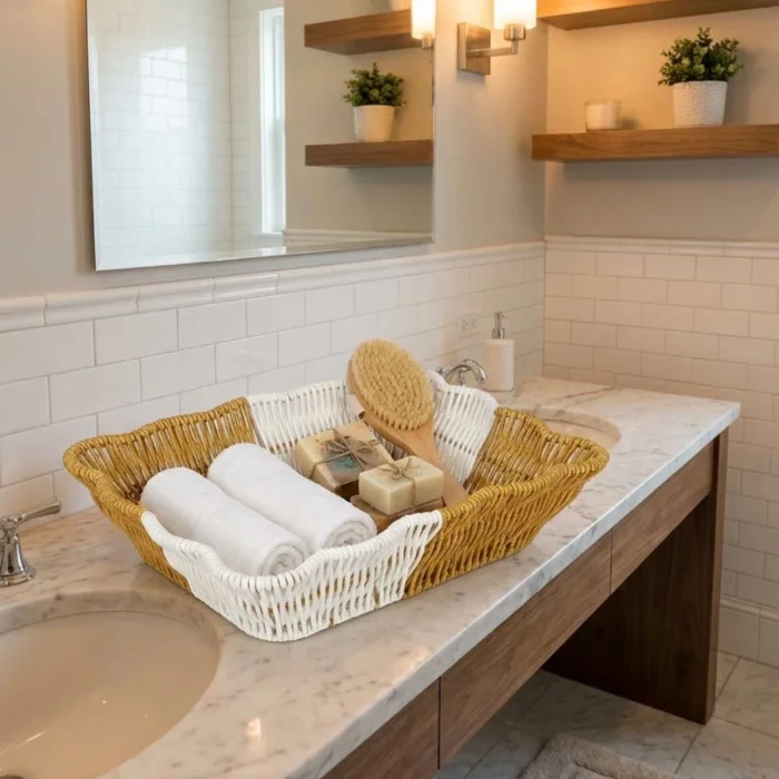 Dikdörtgen Çift Renkli Plastik Rattan Ekmek ve Meyve Sepeti - Çok Amaçlı Banyo ve Mutfak Düzenleyici - Yıkanabilir Tezgâh Üstü Organizer (5047)