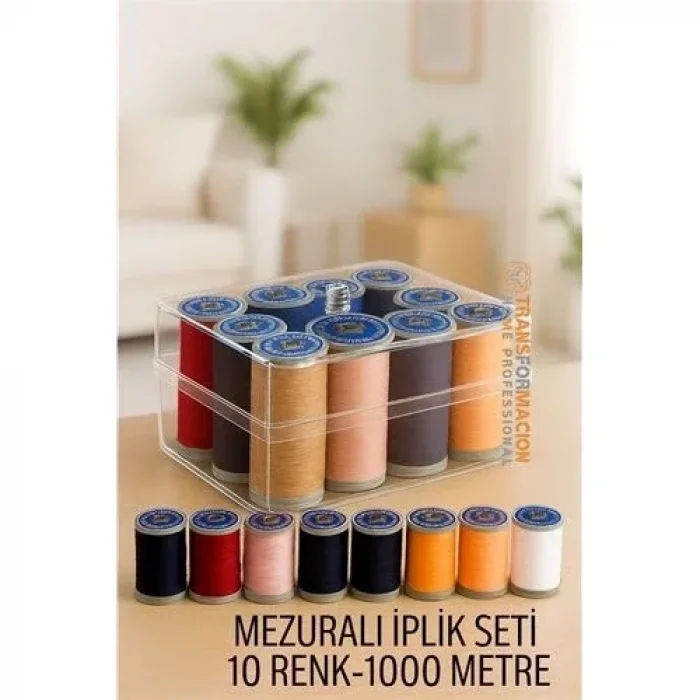 Dikiş İpliği Seti  10 Renk 1000 Mt Kutulu Mezuralı Dikiş Seti