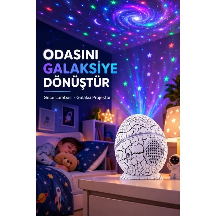 Dinozor Yumurtası Galaksi Projektör Gece Lambası 4ü 1 Arada – Bluetooth Hoparlörlü
