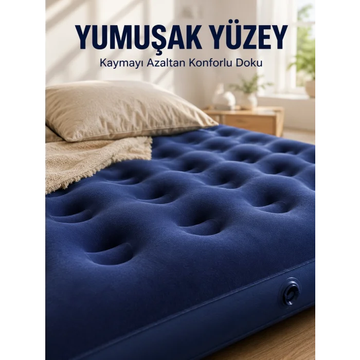 Dış Mekan Şişme Yatak Çift Kişilik Flokeli Yüzey Konforlu Kullanım