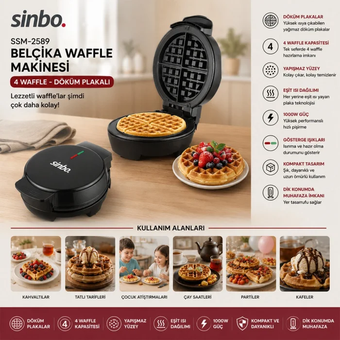 DÖKÜM  BELÇİKA WAFFLE MAKİNESİ  ELEKTRİKLİ   4 WAFFLE   YAPIŞMAZ YÜZEY   1000W  SSM-2589 (5047)