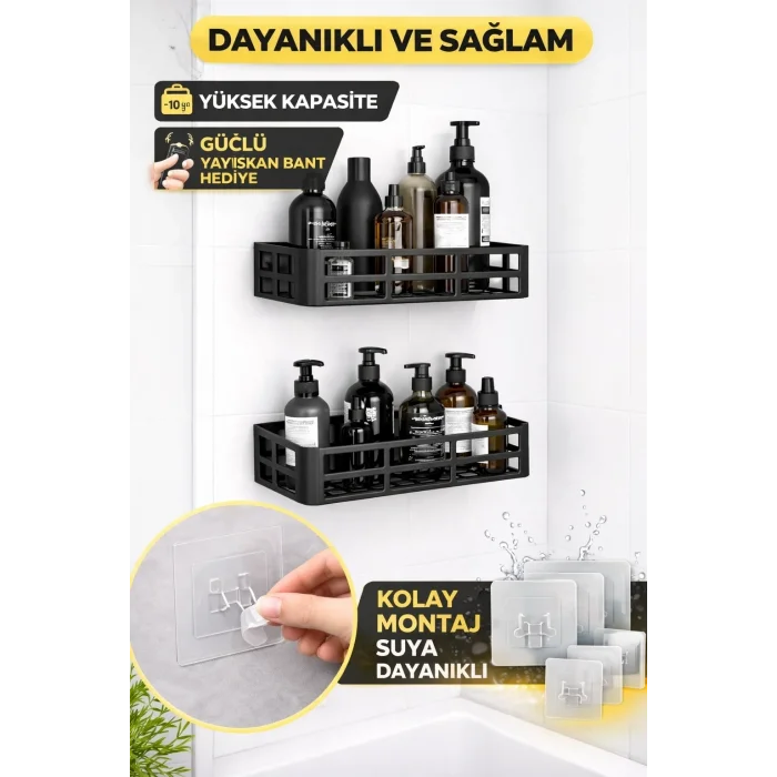Duş İçi Yapışkanlı Banyo Rafı 2’li Set Delme Yok Güçlü Yapışkan Bantlı Organizer
