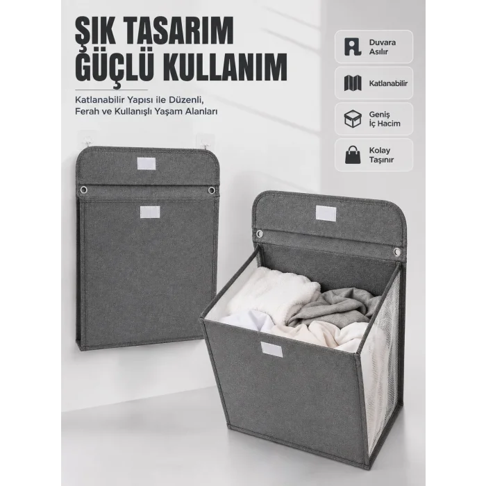 Duvara Asılabilir Katlanabilir Kirli Çamaşır Sepeti Geniş Hacimli Düzenleyici