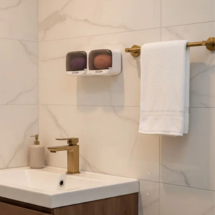 Duvara Monte İkili Kapaklı Plastik Katı Sabunluk Organizer – Banyo &amp; Mutfak İçin Yapışkanlı Sabun Kutusu ve Düzenleyici (5047)