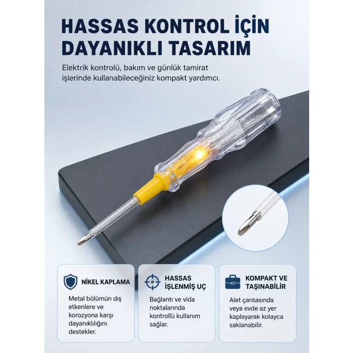 Elektrik Test Kalemi Neon Işıklı Nikel Kaplama 110-220V Dirençli
