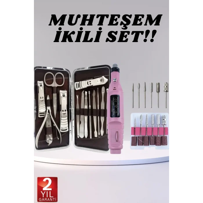 Elektrikli Manikür Pedikür Seti İkili Set 12 Parça Tırnak Bakımı Törpü Protez Çıkarma