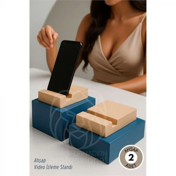 Elit Ahşap Masaüstü Telefon Standı - 2li Set, Doğal Doku & Minimalist Tasarım