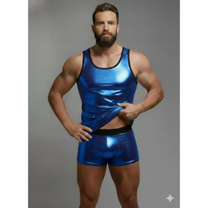 Erkek Mavi Lame Tank Top Boxer Takım