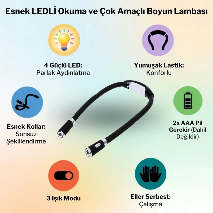 Esnek Boyun LED Okuma Lambası 4 LEDLİ 3 Işık Modlu Eller Serbest Kitap Okuma,Örgü ve Tamir Lambası (5047)