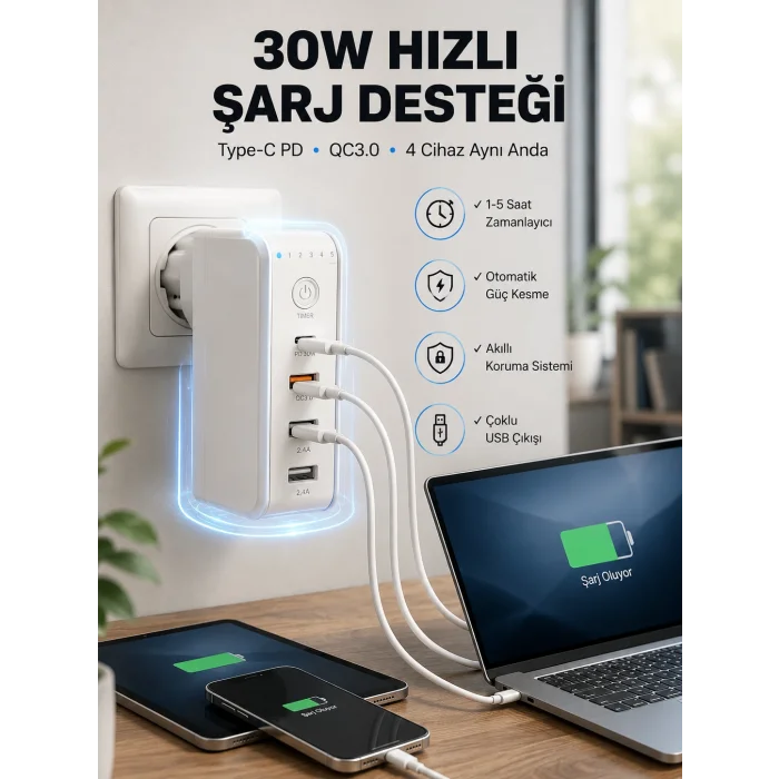 Ev ve Ofis İçin Zaman Kontrollü Çoklu Şarj Cihazı Yeni Nesil