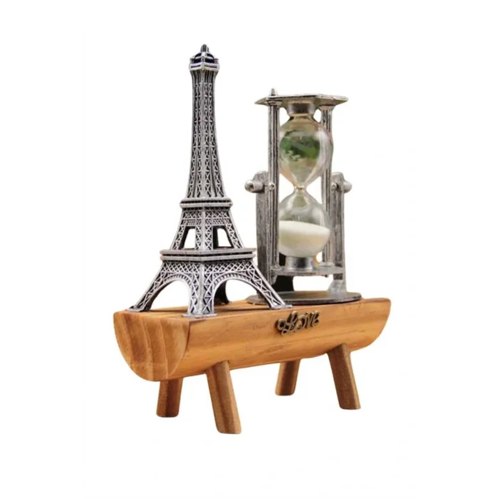 Eyfel Kulesi Tasarımlı Kum Saati Kristalleştirilmiş Kum Saati Dekoratif Ahşap Görünümlü
