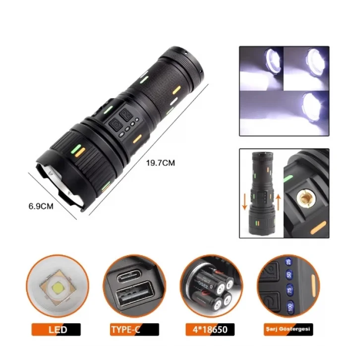 F.B.I Pro F-3001 Alüminyum TG LED Güç Göstergeli Type-C Şarjlı El Feneri 100 W