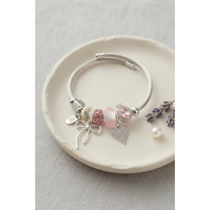 Fiyonk ve Kalp Pembe Charmlı Gümüş Renk Bileklik
