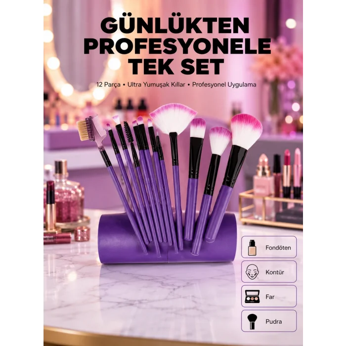 Fondöten, Allık ve Far Uygulamalarına Uygun 12 Parça Makyaj Fırça Takımı Ergonomik Saplı