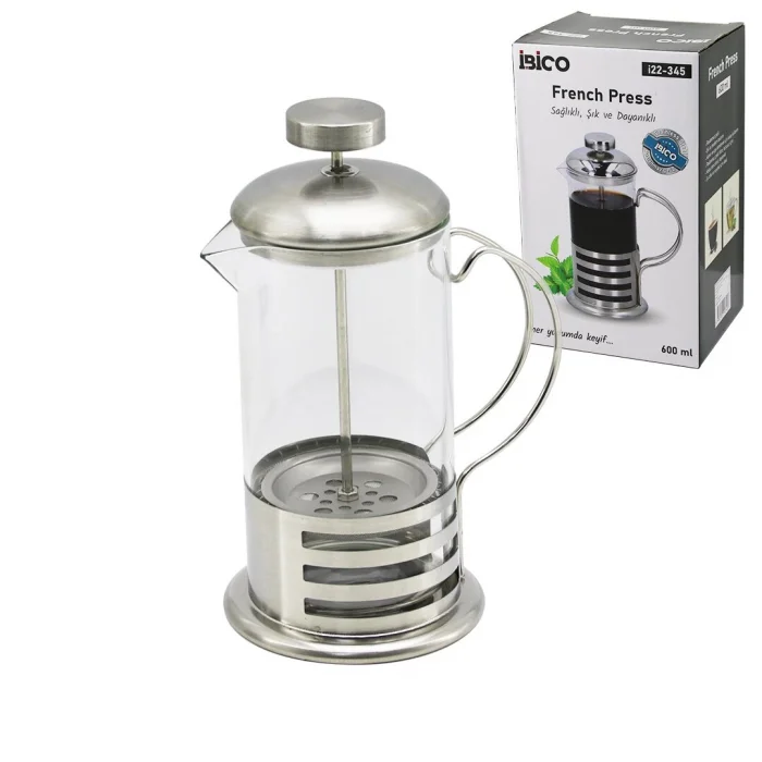 FRENCH PRESS METAL KAFES - METAL KAPAK 600ML CAM BİTKİ SÜZGEÇİ (5047)