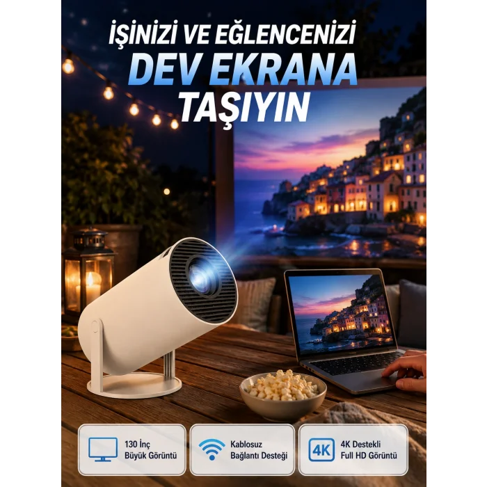 Full HD 4K Destekli Akıllı Projeksiyon – 130 inç Ekran, Uzun Ömürlü Ampul ve Çoklu Giriş