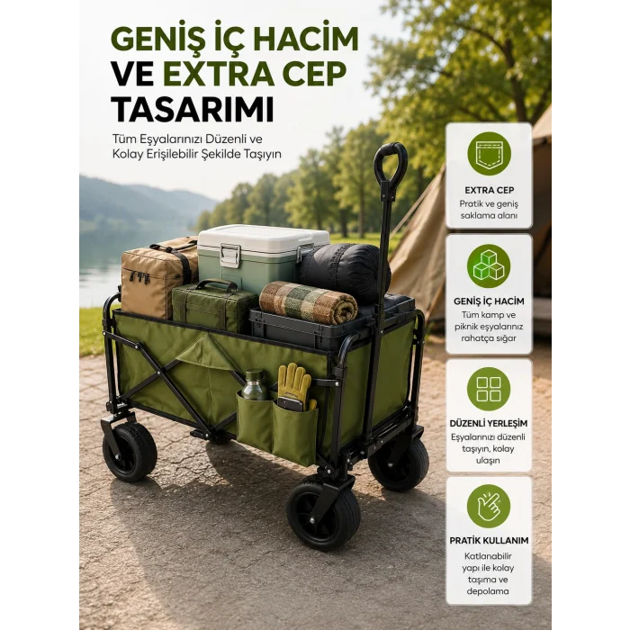 Geniş İç Hacimli Fren Sistemli Katlanabilir Kamp ve Piknik Arabası