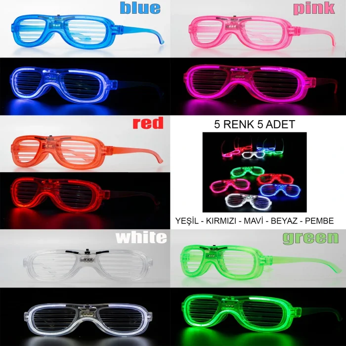 Glow Model Led Işıklı Parti Gözlüğü 3 Modlu 5 Renk 5 Adet (5047)