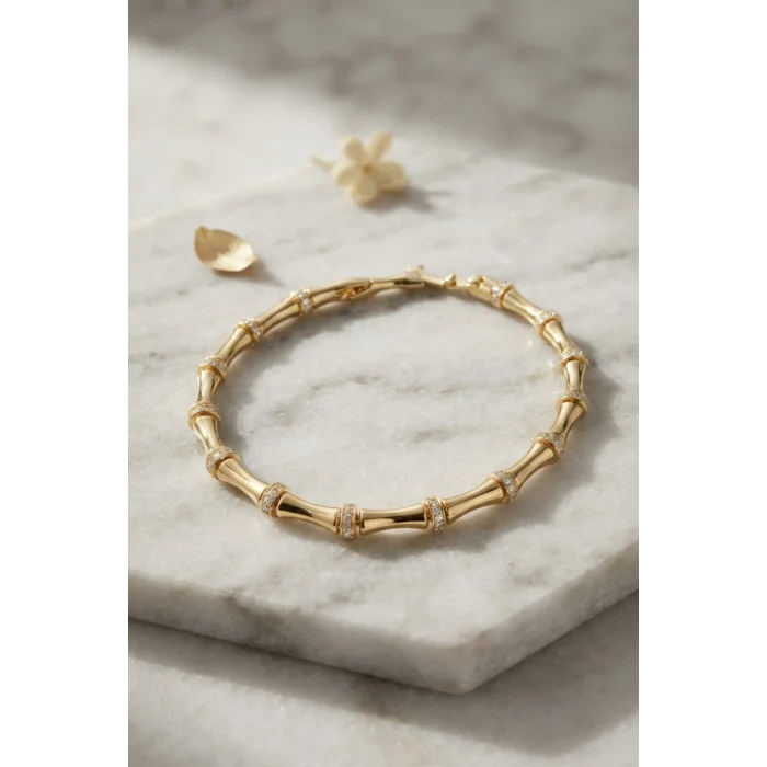 Gold Renk Bambu Model Zirkon Taşlı Kadın Bileklik