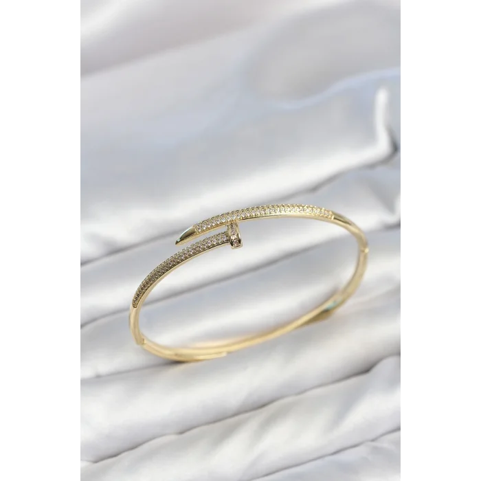 Gold Renk Çivi Model Zirkon Taşlı Kadın Kelepçe Bileklik