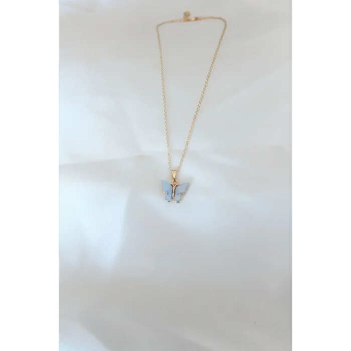 Gold Renk Kaplama Buz Mavisi Renk Sedefli Kelebek Kolye