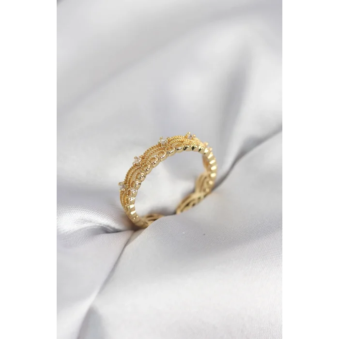 Gold Renk Motif Desenli Zirkon Taşlı Kadın Yüzük