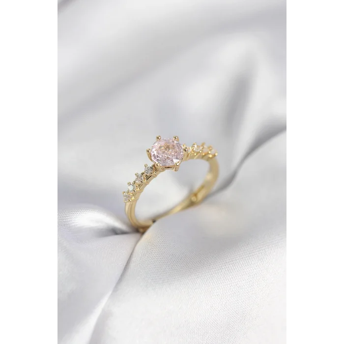 Gold Renk Pembe Tek Taş Model Zirkon Taşlı Kadın Yüzük