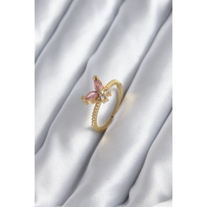 Gold Renk Pembe Zirkon Taşlı Kelebek Model Kadın Yüzük