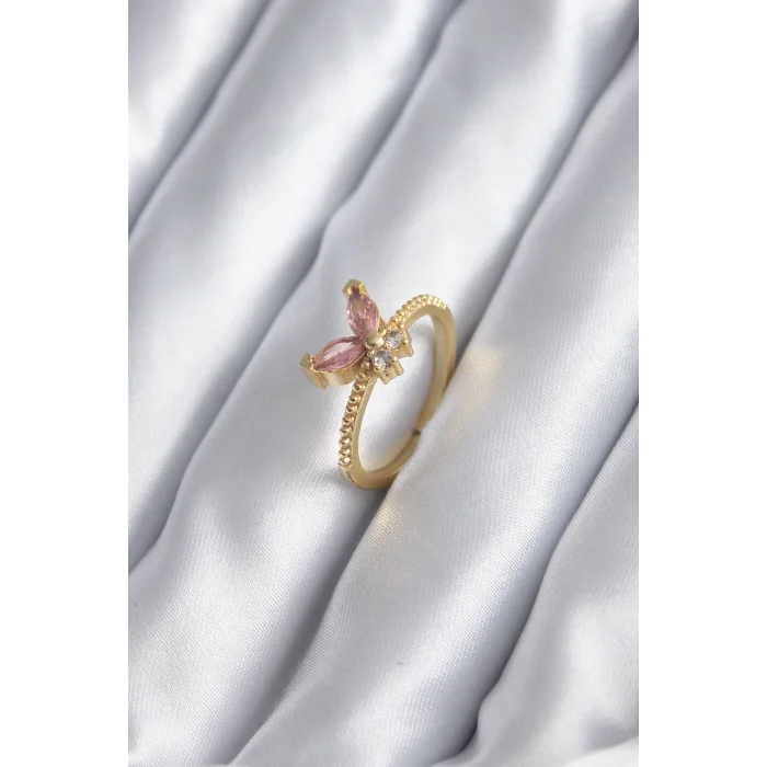 Gold Renk Pembe Zirkon Taşlı Kelebek Model Kadın Yüzük