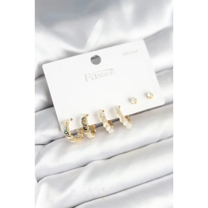 Gold Renk Pirinç Halka 925 Ayar Gümüş Çivili Kadın Küpe Seti