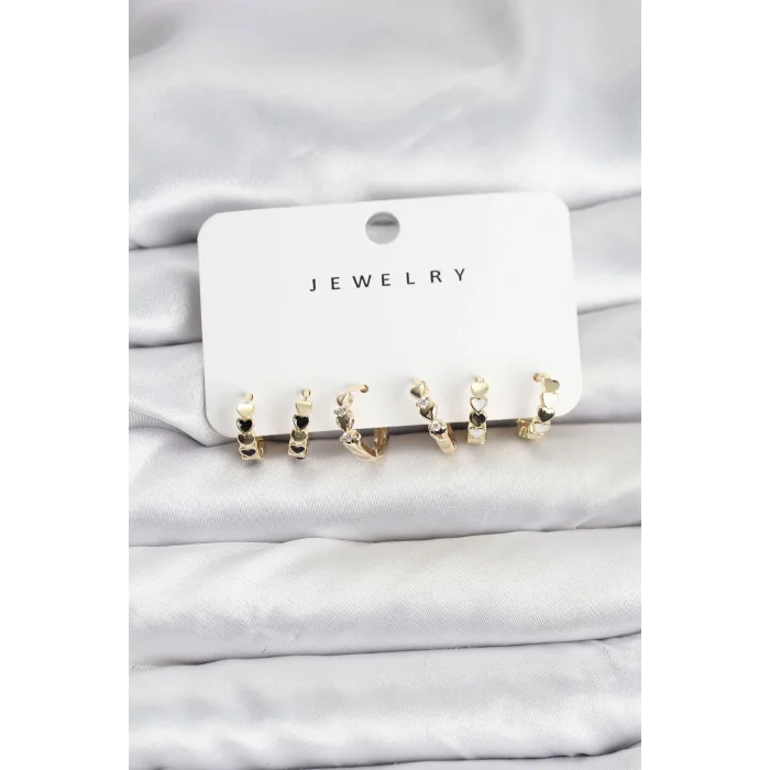 Gold Renk Pirinç Minimal Kalp Detaylı Kadın Küpe Seti