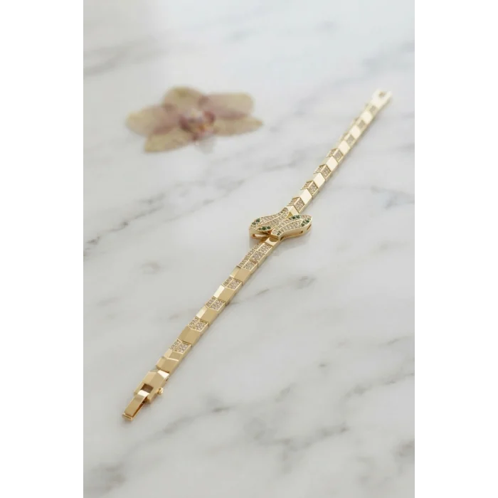 Gold Renk Pirinç Zirkon Taşlı Yılan Model Kadın Bileklik
