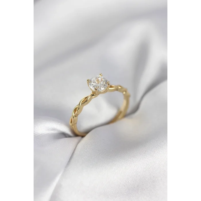 Gold Renk Sarmal Zincir Model Tek Taş Model Zirkon Taşlı Kadın Yüzük