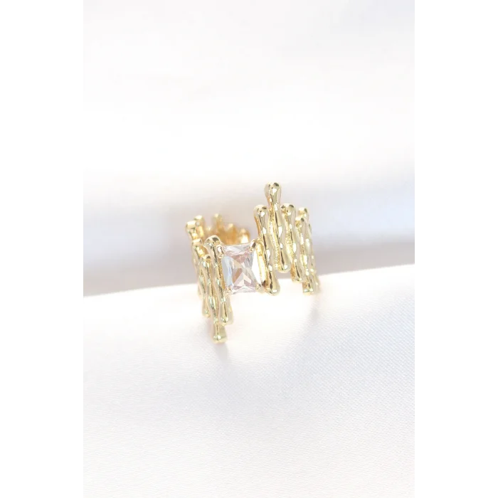 Gold Renk Tırtıklı Kalın Baget Taş Tasarım Ayarlanabilir Yüzük