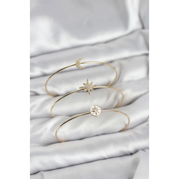 Gold Renk Zirkon Taşlı Kutup Yıldızı Model 3lü Kadın Bileklik Kombini