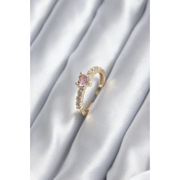 Gold Renk Zirkon Taşlı Pembe Kristal Kalp Model Kadın Yüzük