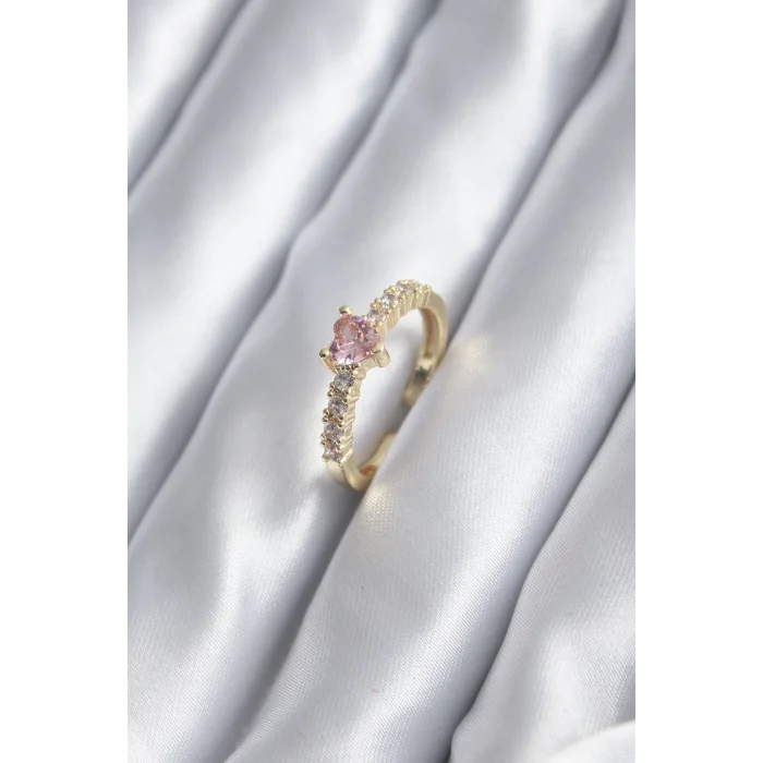 Gold Renk Zirkon Taşlı Pembe Kristal Kalp Model Kadın Yüzük