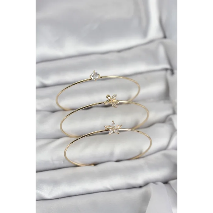 Gold Renk Zirkon Taşlı Pirinç 3lü Kadın Bileklik Kombini