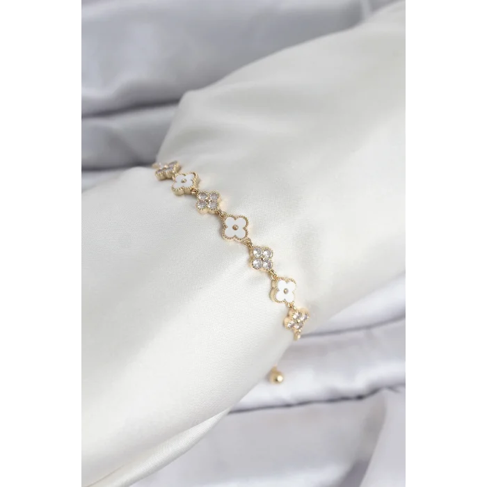 Gold Renk Zirkon Taşlı Sıralı Yonca Model Asansörlü Kadın Bileklik
