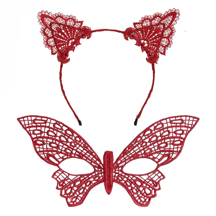 Gösterişli Kırmızı Dantel Maske ve Taç Seti 7 No – Masquerade ve Davetler için (5047)